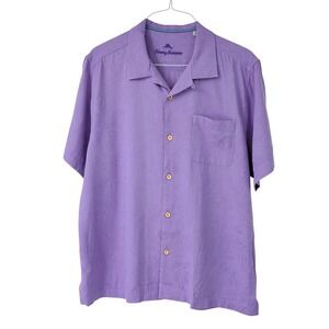 Tommy Bahama Mens XL Purple 100% Silk Jacquard Camp Shirt Short Sleeve Tropical